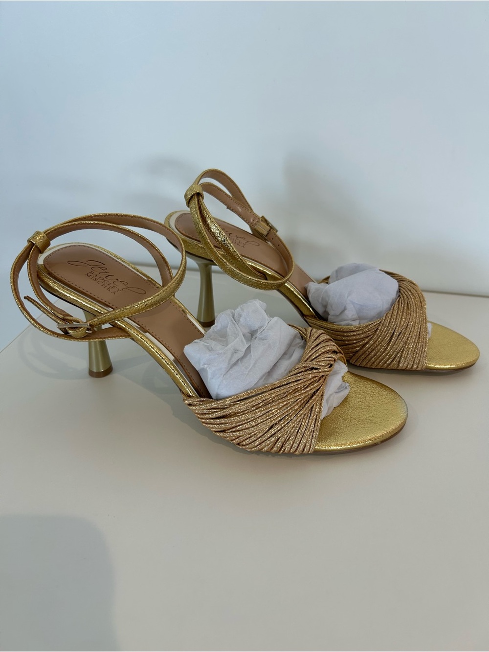 NIB Gold Metallic Strappy Heels Sandals Wedding Party Jewel Badgley 7.5 - Picture 2 of 11